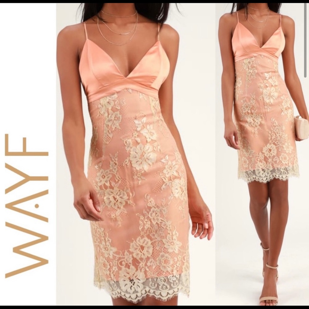 NWT WAYF Maren Peach Satin and Lace sleeveless slip dress